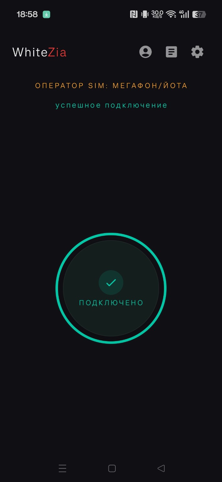 Успешное подключение WhiteZia
